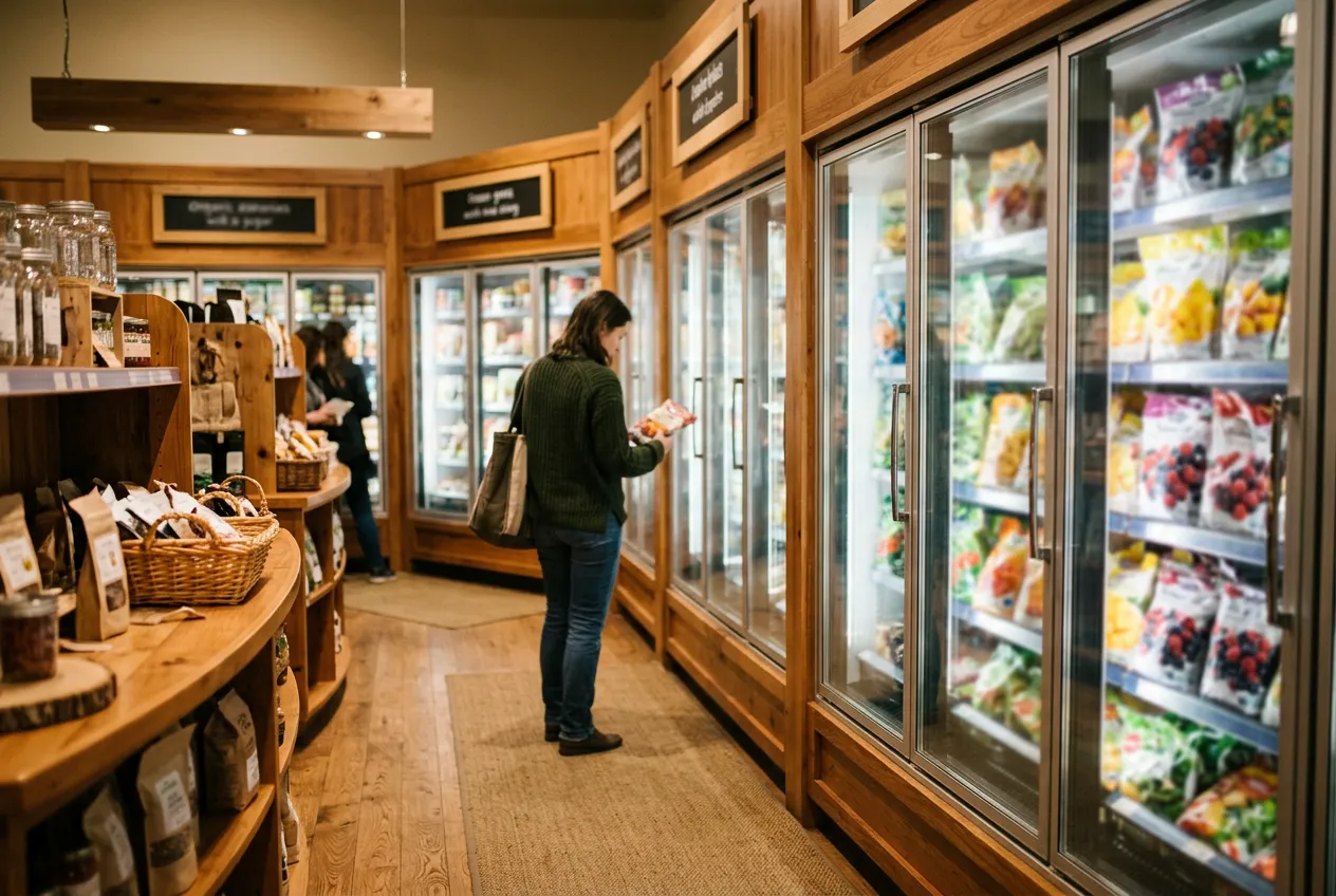Frozen aisle in a Canadian natural grocery store
