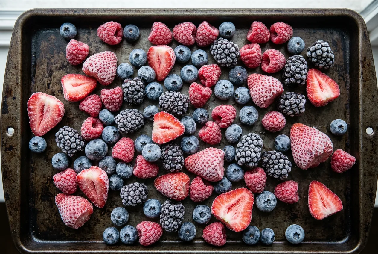 Frozen strawberries, raspberries, blackberries and blueberries on a tray
