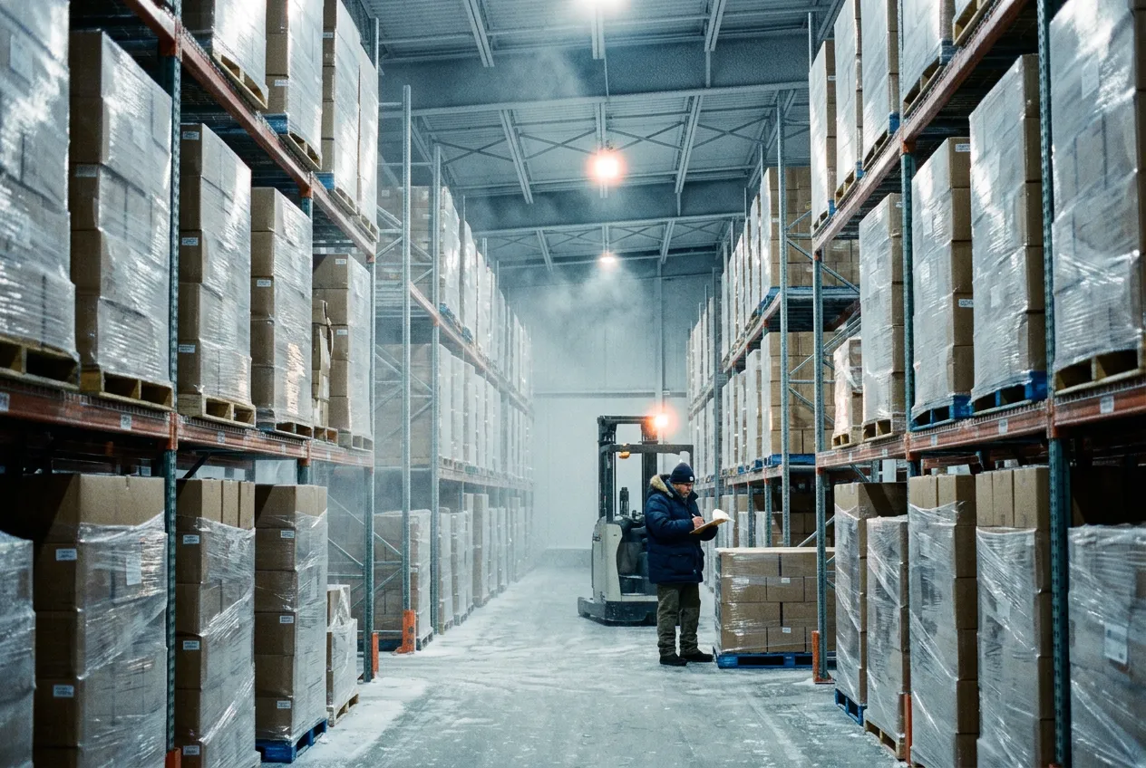 Pallets of frozen product in a cold storage warehouse