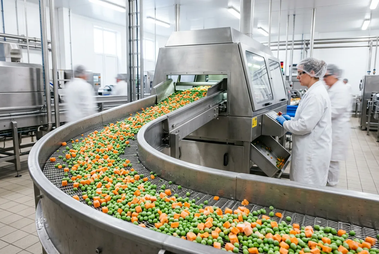 Frozen peas and carrots on a sorting line