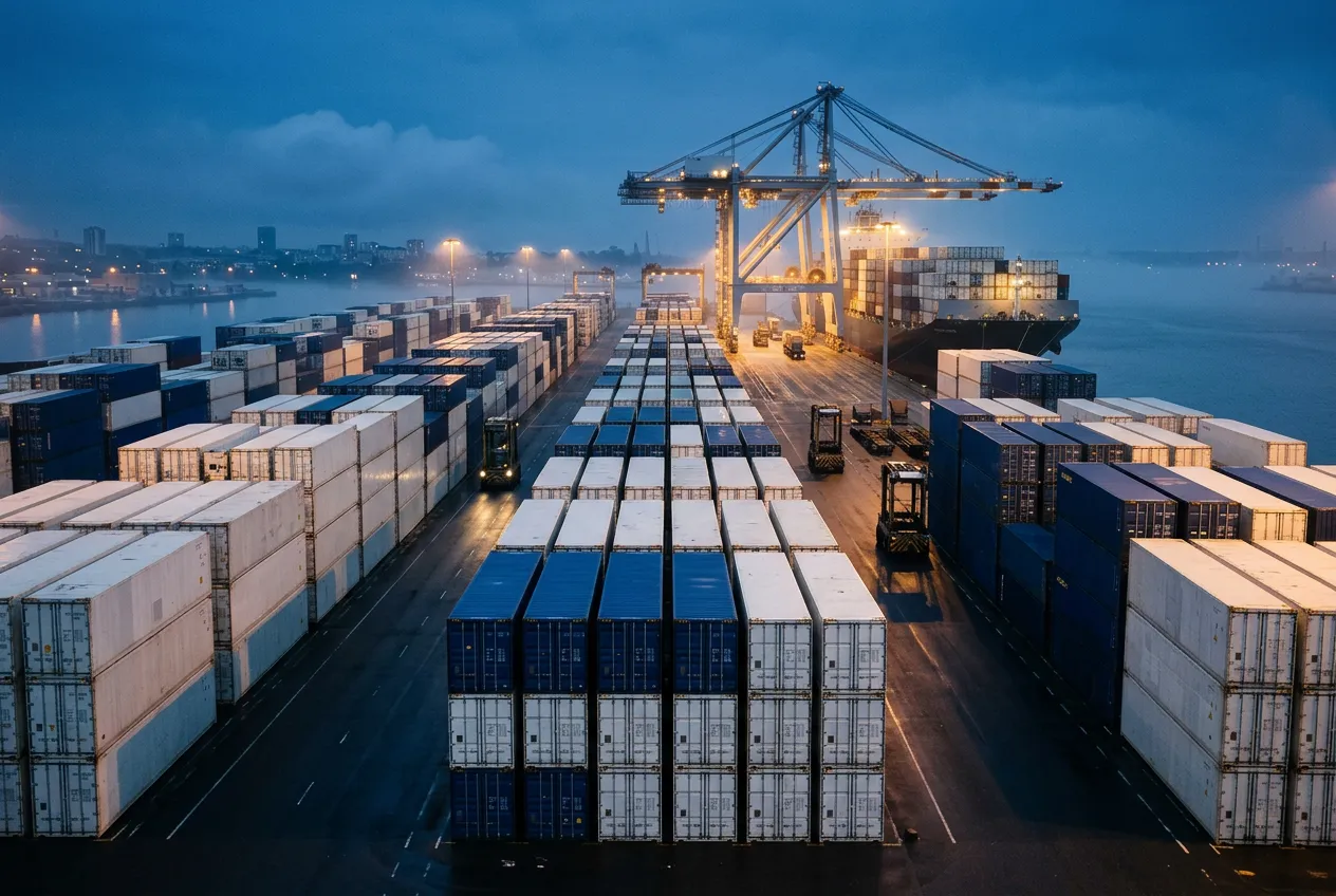 Refrigerated containers stacked at a port at dusk