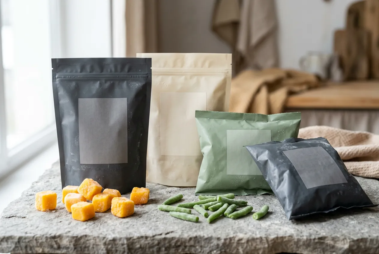 Unbranded frozen food pouches ready for a private label